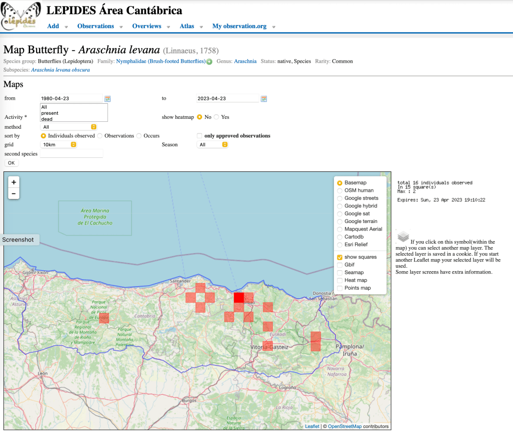 Distribution map for the Map butterfly in the Cantabrian region.